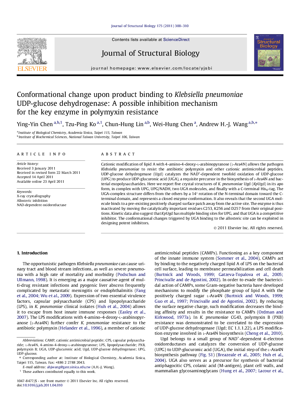 Conformational change upon product binding to Klebsiella pneumoniae UDP-glucose dehydrogenase: A possible inhibition mechanism for the key enzyme in polymyxin resistance