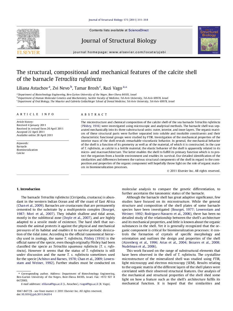 The structural, compositional and mechanical features of the calcite shell of the barnacle Tetraclita rufotincta