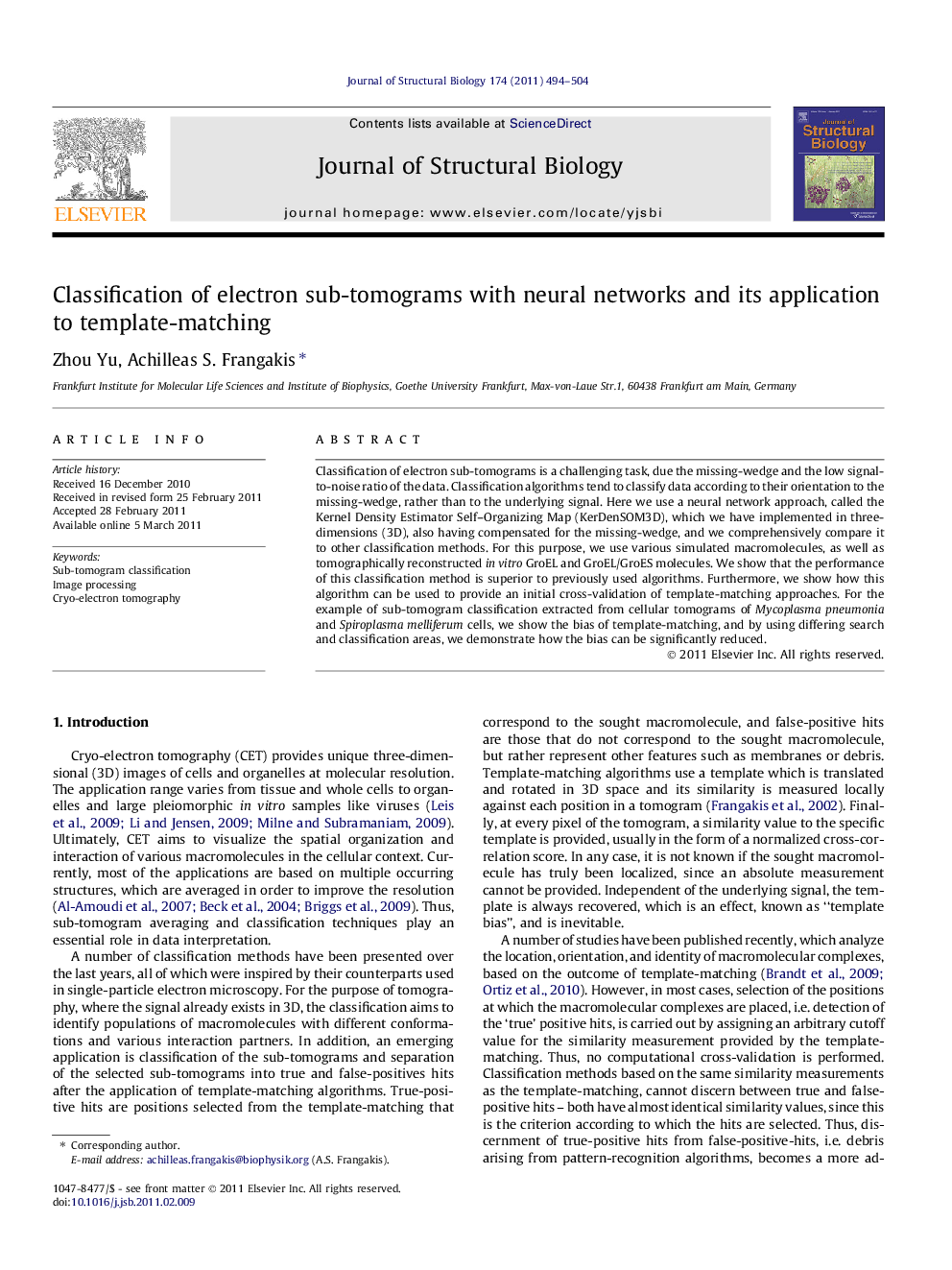 Classification of electron sub-tomograms with neural networks and its application to template-matching