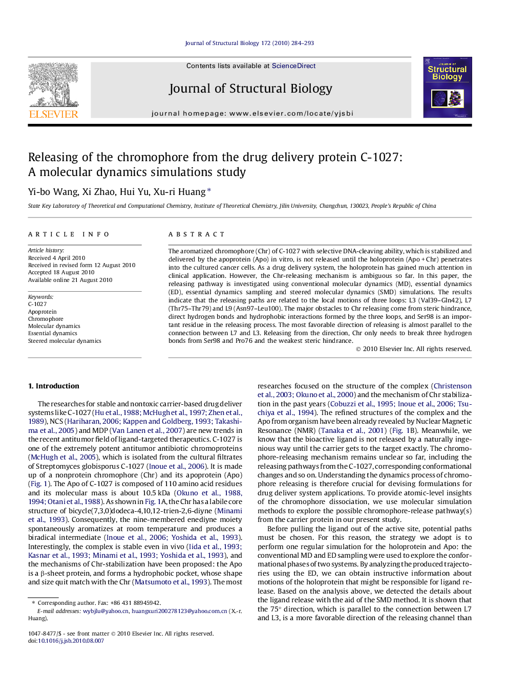 عکس صفحه اول مقاله: Releasing of the chromophore from the drug delivery protein C-1027: A molecular dynamics simulations study Releasing of the chromophore from the drug delivery protein C-1027: A molecular dynamics simulations study