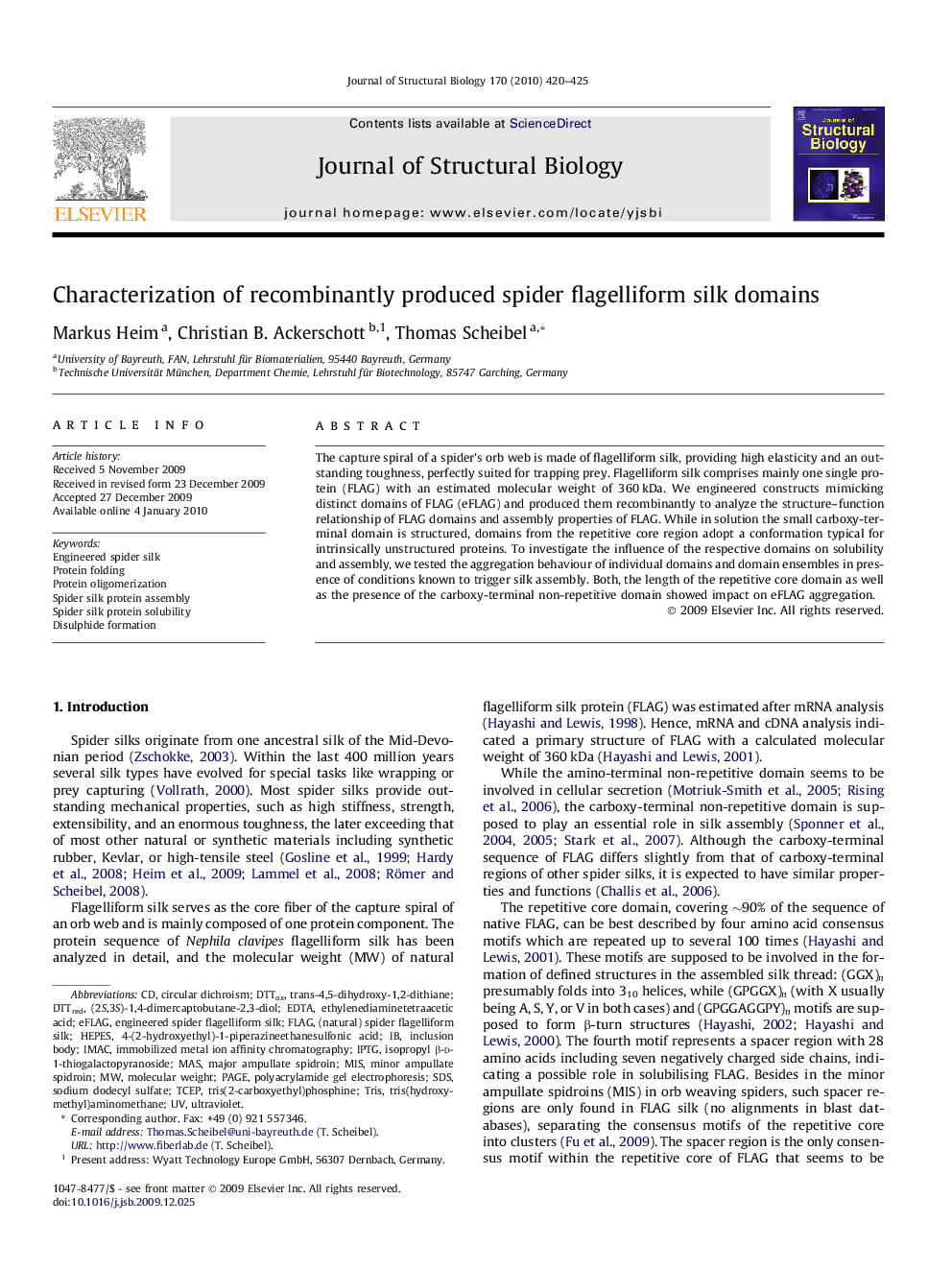 Characterization of recombinantly produced spider flagelliform silk domains