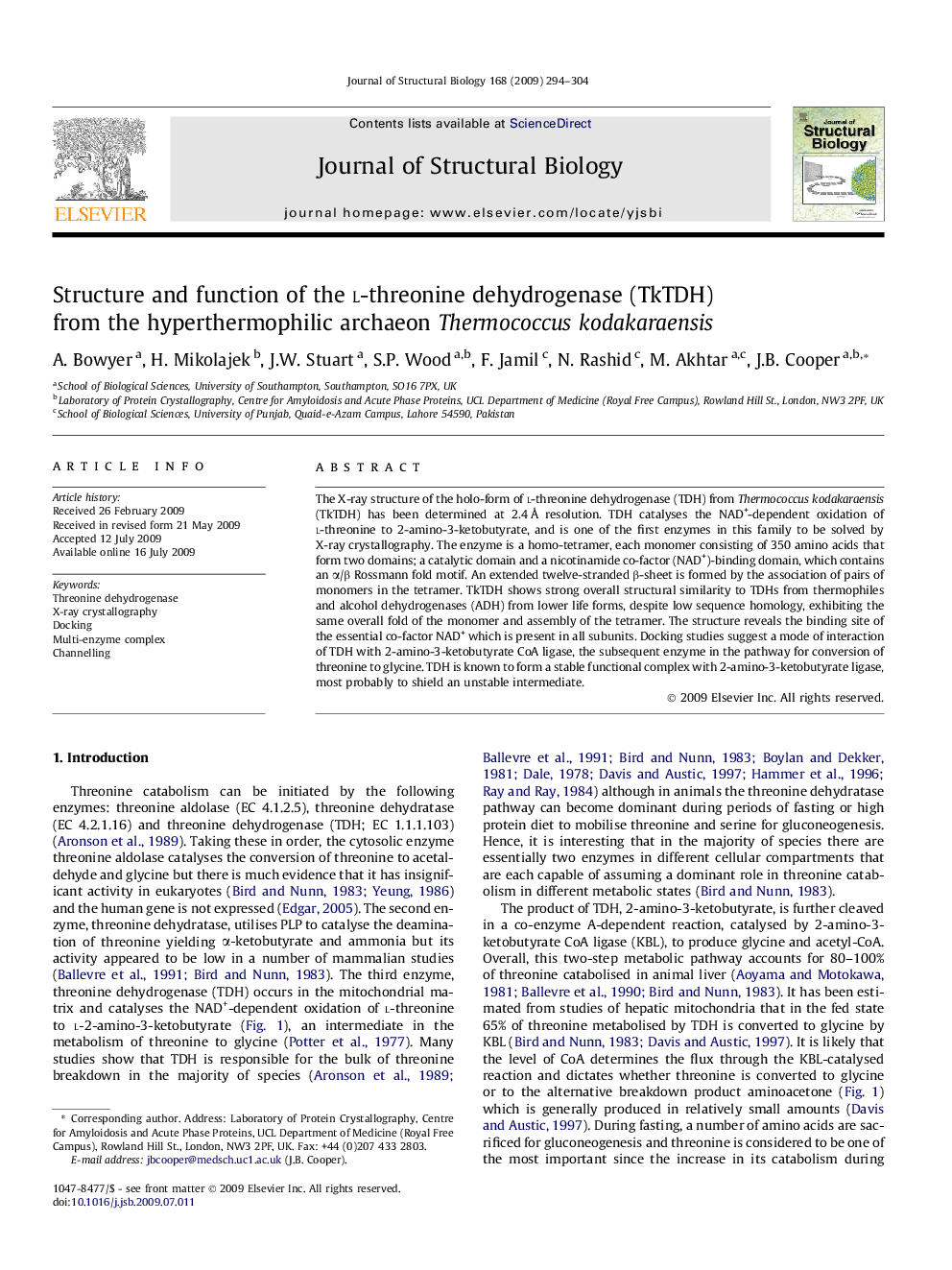 Structure and function of the l-threonine dehydrogenase (TkTDH) from the hyperthermophilic archaeon Thermococcus kodakaraensis