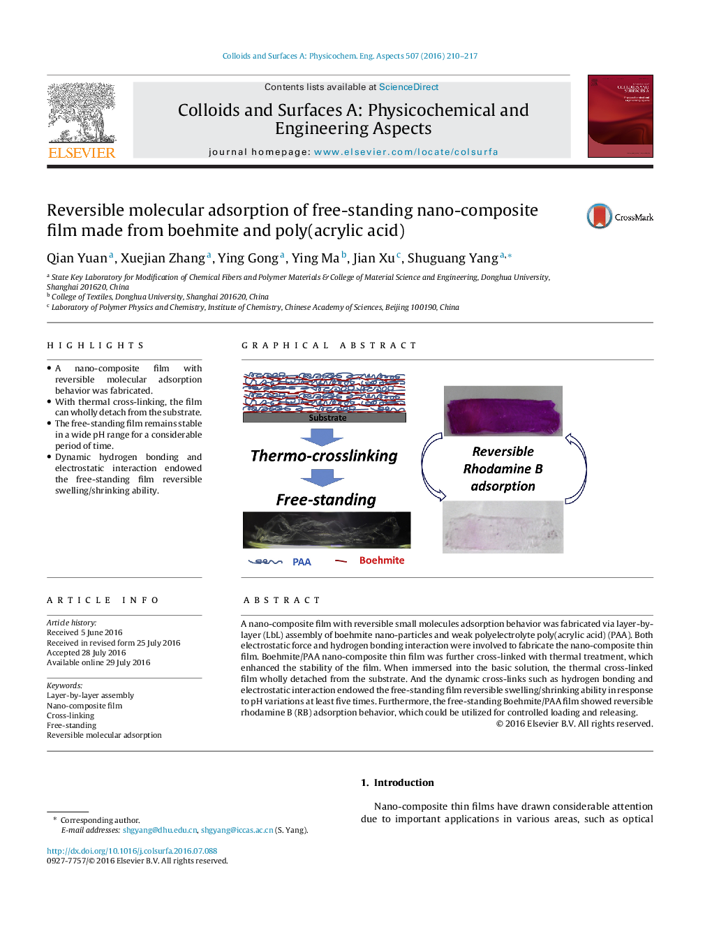 Reversible molecular adsorption of free-standing nano-composite film made from boehmite and poly(acrylic acid)