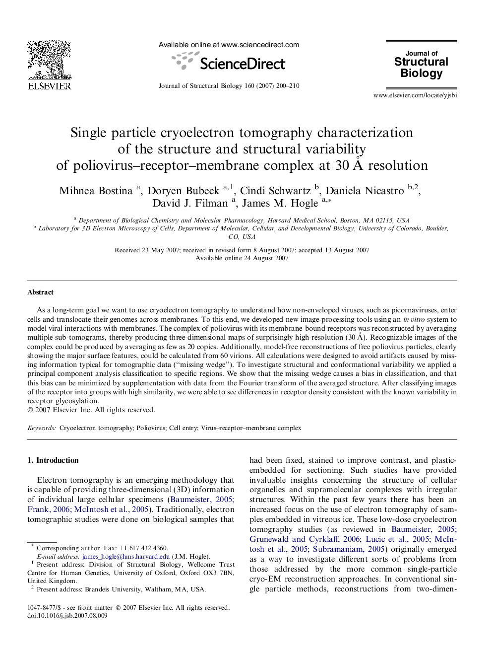 Single particle cryoelectron tomography characterization of the structure and structural variability of poliovirus-receptor-membrane complex at 30Â Ã resolution