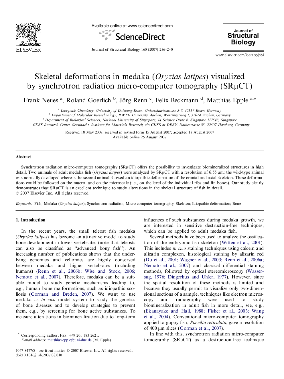 Skeletal deformations in medaka (Oryzias latipes) visualized by synchrotron radiation micro-computer tomography (SRÎ¼CT)