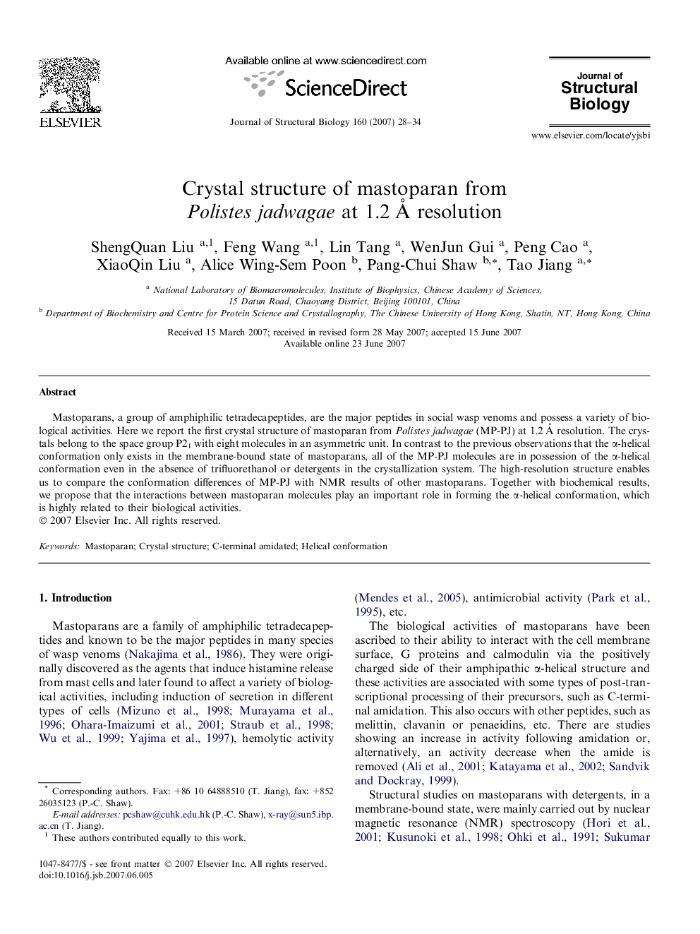 Crystal structure of mastoparan from Polistes jadwagae at 1.2Â Ã resolution