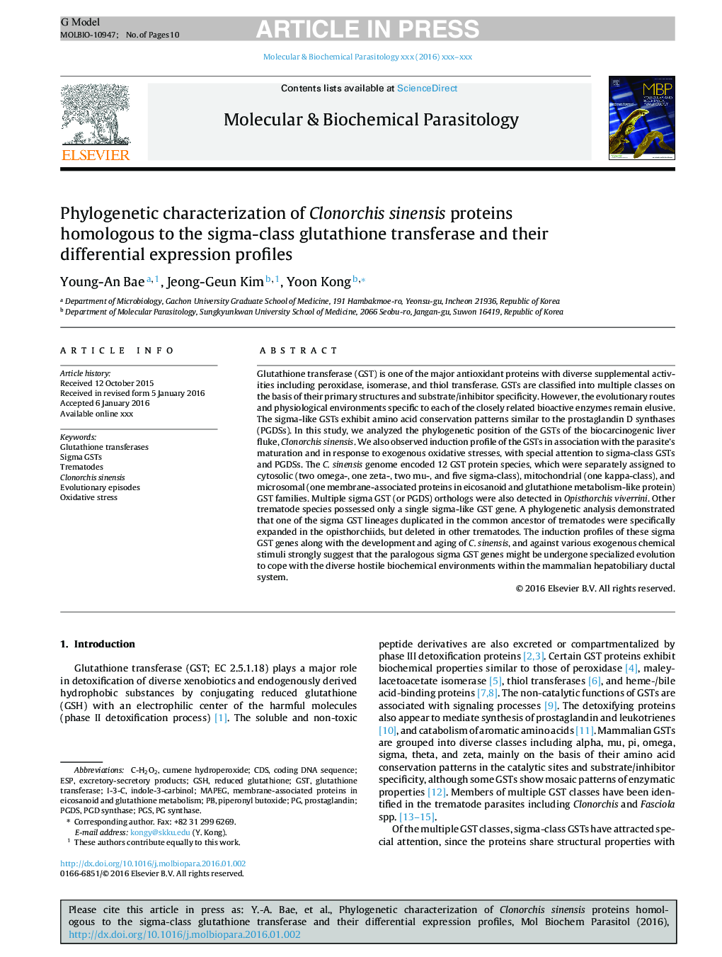 Phylogenetic characterization of Clonorchis sinensis proteins homologous to the sigma-class glutathione transferase and their differential expression profiles