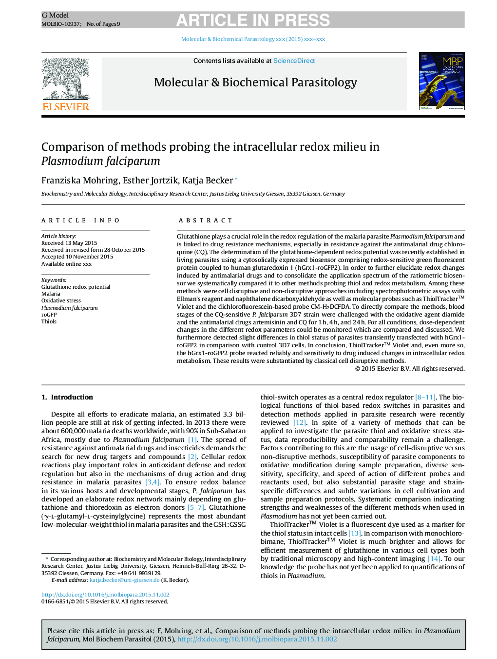 Comparison of methods probing the intracellular redox milieu in Plasmodium falciparum