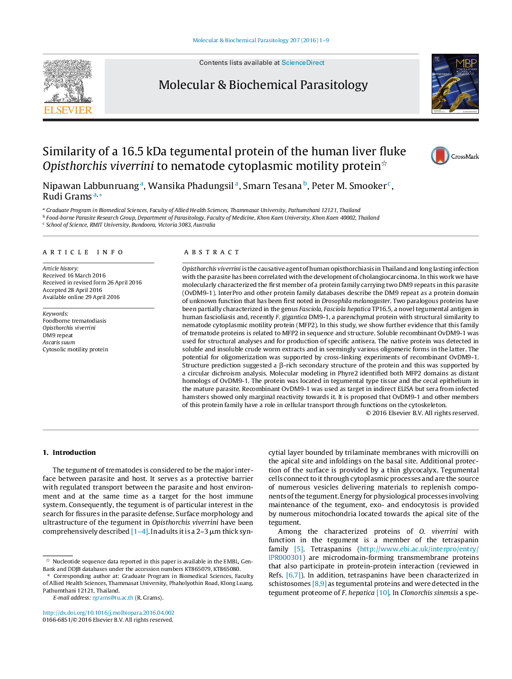 Similarity of a 16.5 kDa tegumental protein of the human liver fluke Opisthorchis viverrini to nematode cytoplasmic motility protein