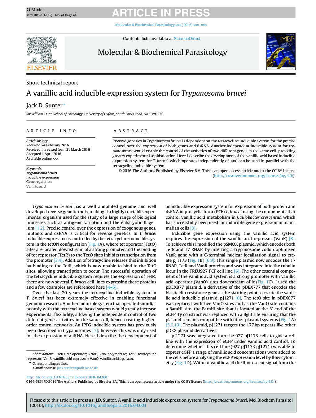 A vanillic acid inducible expression system for Trypanosoma brucei