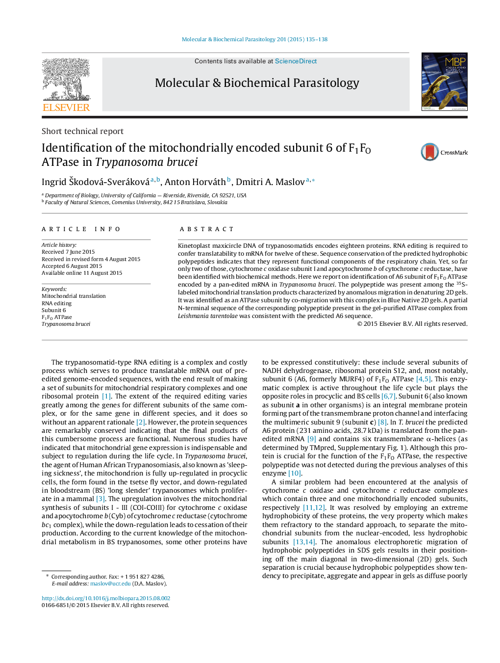 Identification of the mitochondrially encoded subunit 6 of F1FO ATPase in Trypanosoma brucei