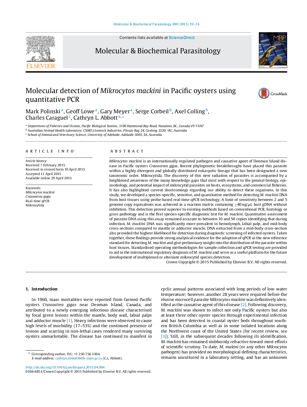 Molecular detection of Mikrocytos mackini in Pacific oysters using quantitative PCR