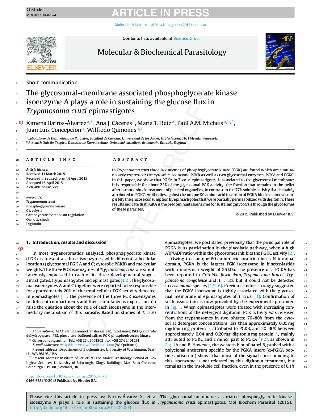 The glycosomal-membrane associated phosphoglycerate kinase isoenzyme A plays a role in sustaining the glucose flux in Trypanosoma cruzi epimastigotes