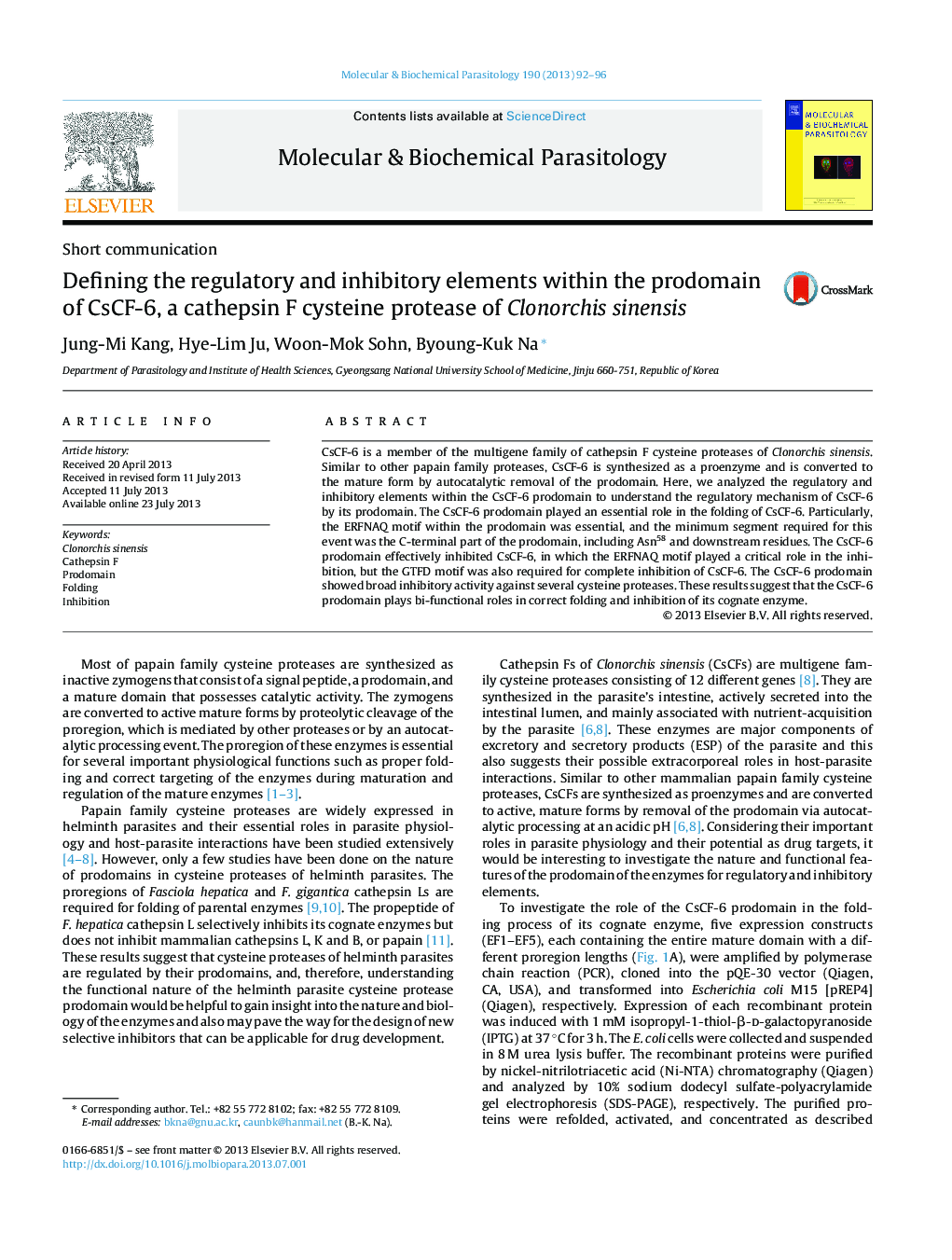 Defining the regulatory and inhibitory elements within the prodomain of CsCF-6, a cathepsin F cysteine protease of Clonorchis sinensis