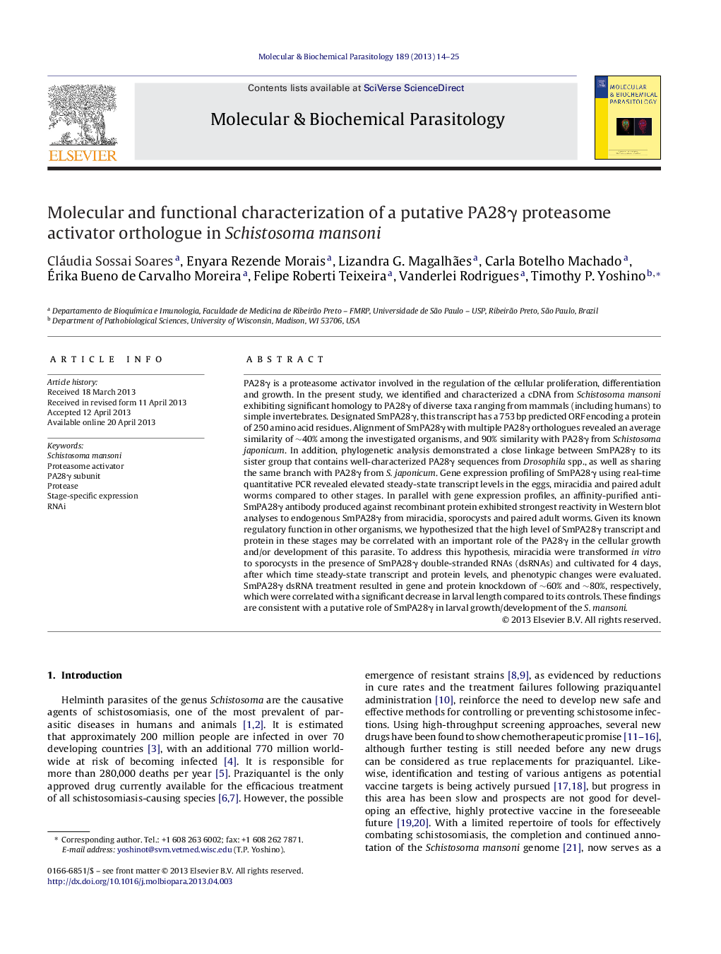 Molecular and functional characterization of a putative PA28Î³ proteasome activator orthologue in Schistosoma mansoni