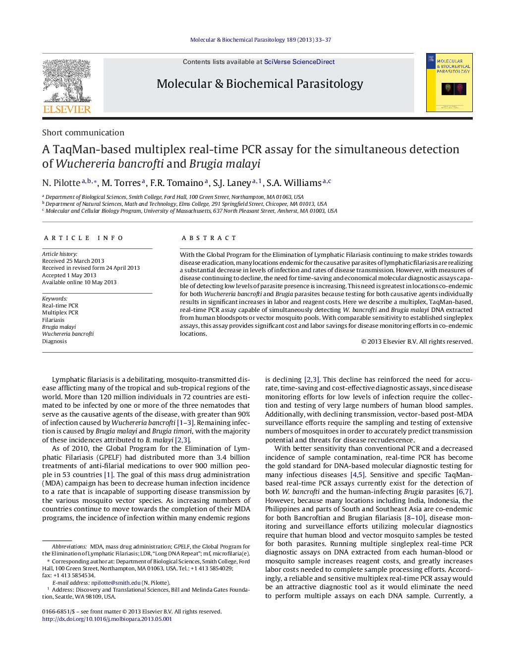 A TaqMan-based multiplex real-time PCR assay for the simultaneous detection of Wuchereria bancrofti and Brugia malayi