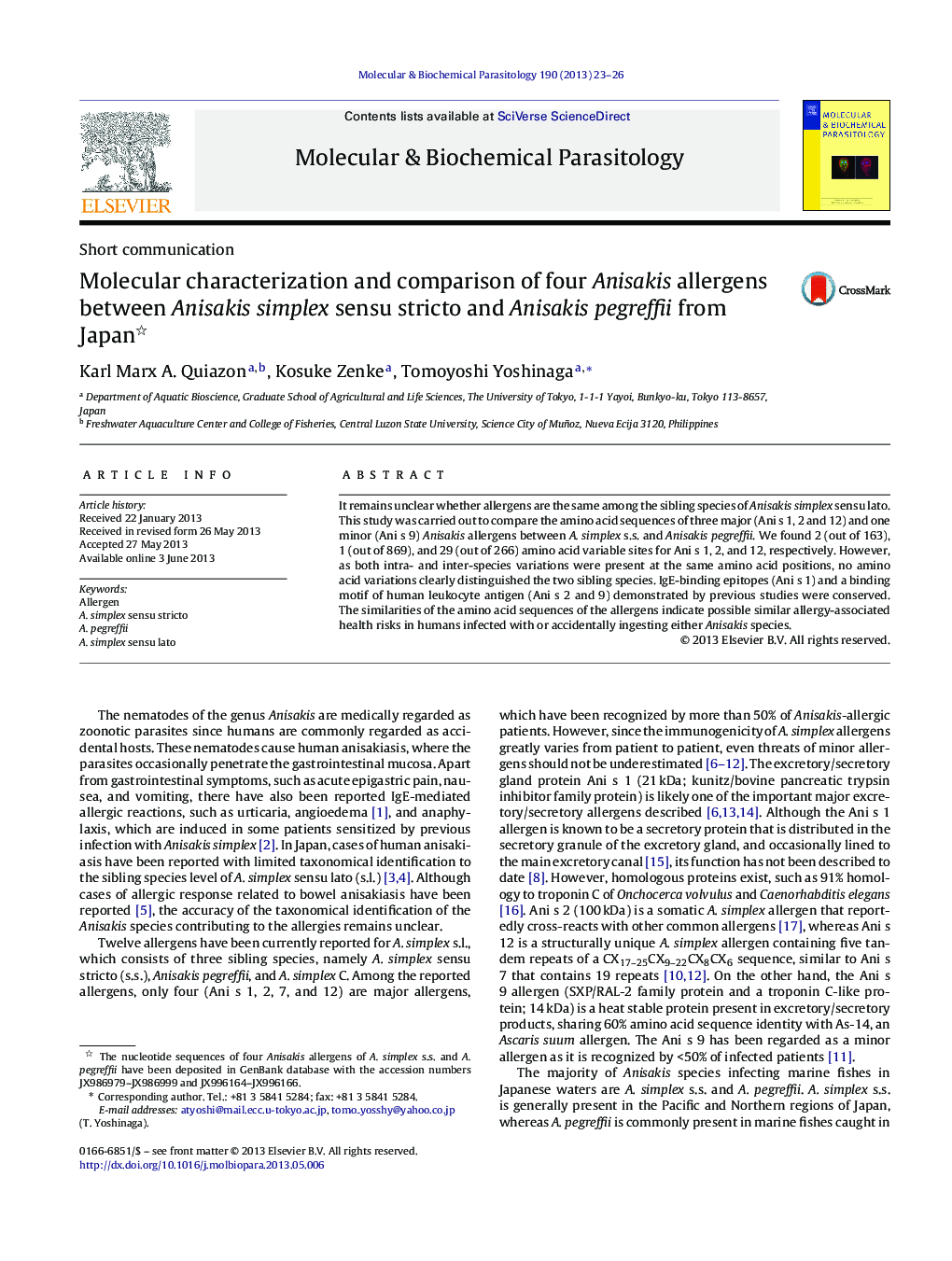 Molecular characterization and comparison of four Anisakis allergens between Anisakis simplex sensu stricto and Anisakis pegreffii from Japan