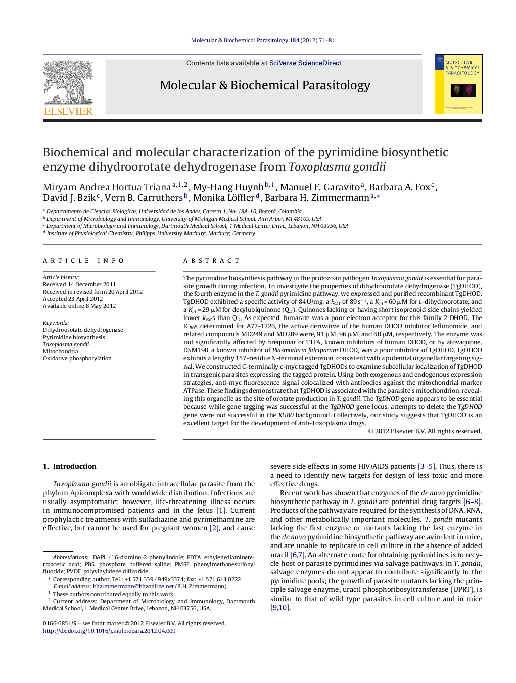 Biochemical and molecular characterization of the pyrimidine biosynthetic enzyme dihydroorotate dehydrogenase from Toxoplasma gondii