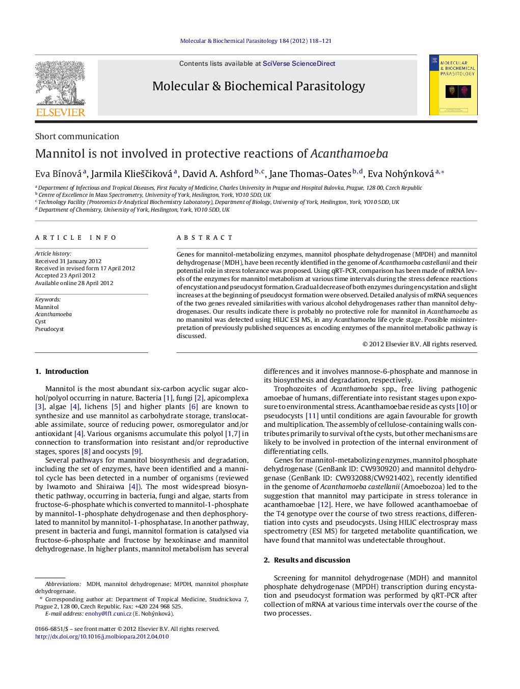 Mannitol is not involved in protective reactions of Acanthamoeba