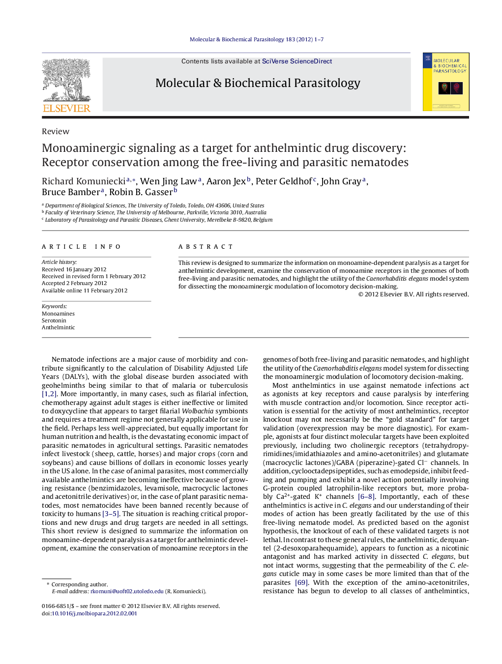 Monoaminergic signaling as a target for anthelmintic drug discovery: Receptor conservation among the free-living and parasitic nematodes