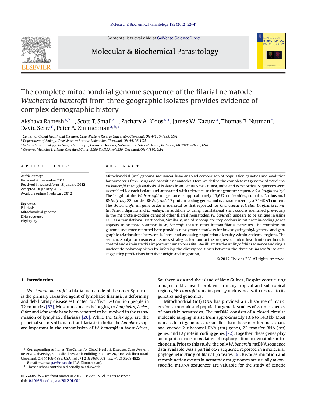 The complete mitochondrial genome sequence of the filarial nematode Wuchereria bancrofti from three geographic isolates provides evidence of complex demographic history