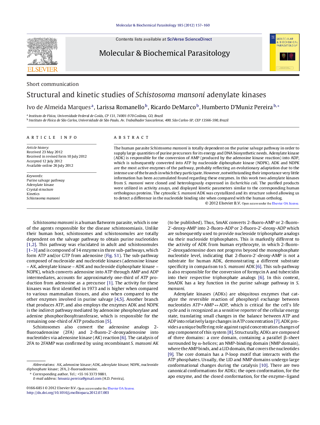 Short communicationStructural and kinetic studies of Schistosoma mansoni adenylate kinases