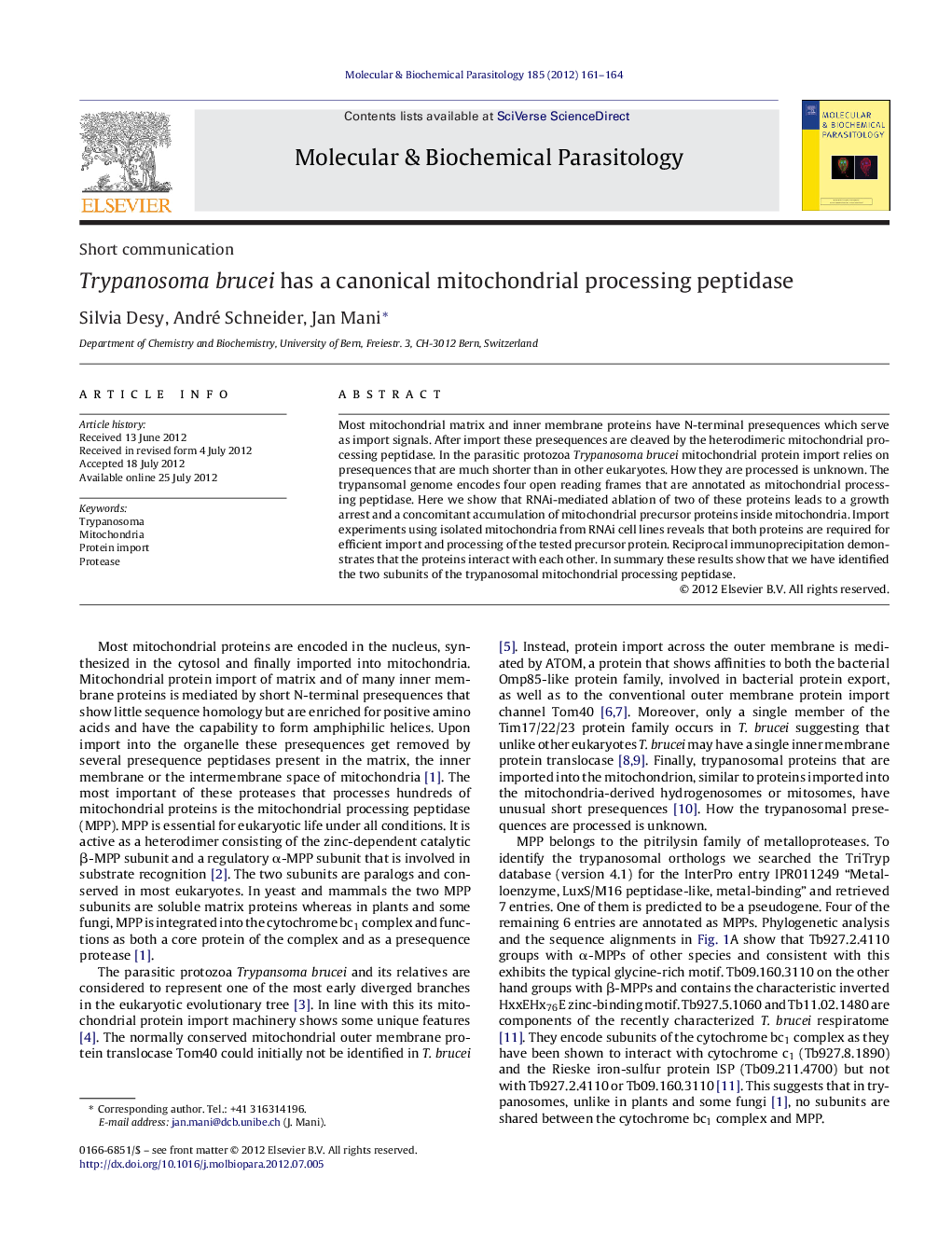 Trypanosoma brucei has a canonical mitochondrial processing peptidase