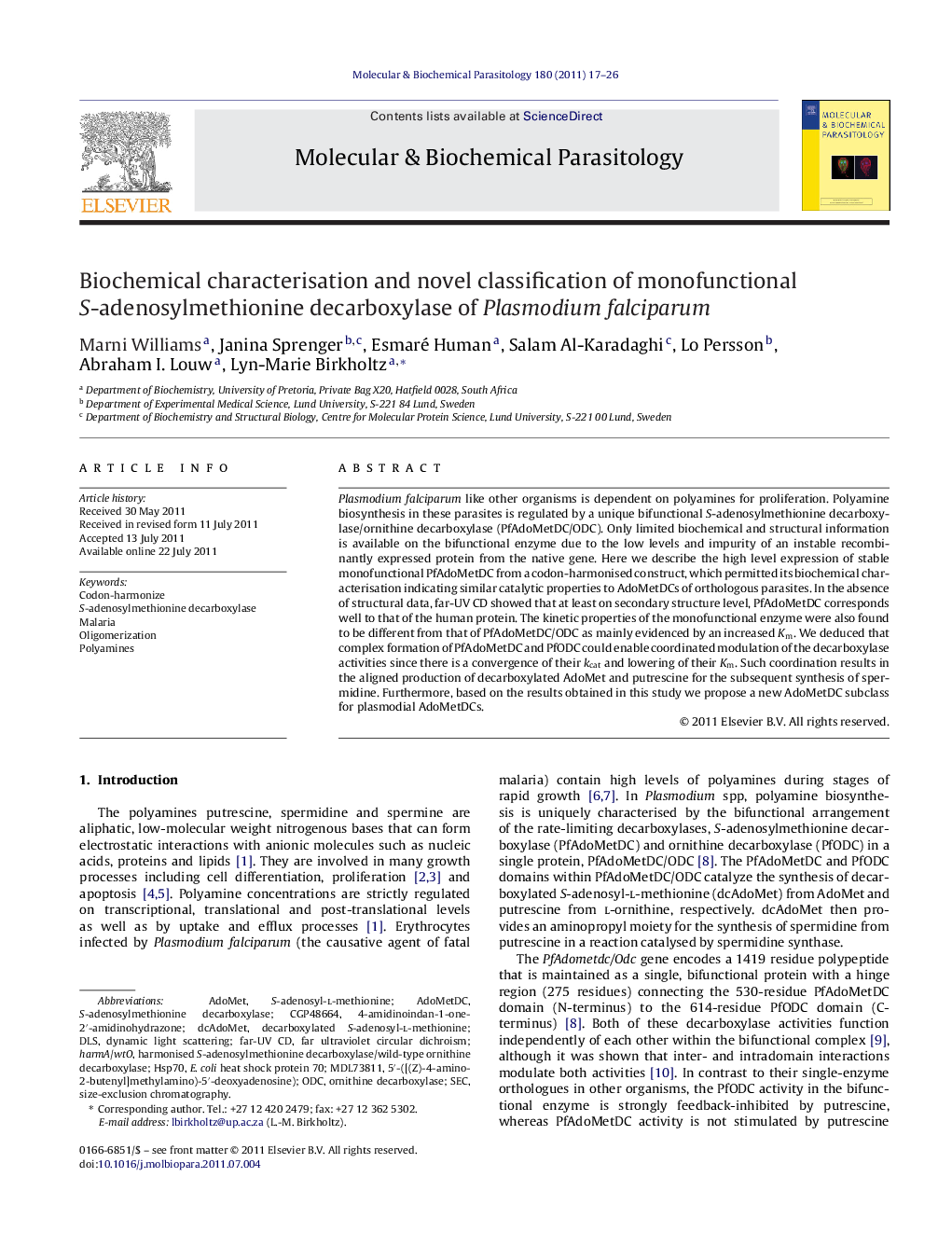 Biochemical characterisation and novel classification of monofunctional S-adenosylmethionine decarboxylase of Plasmodium falciparum