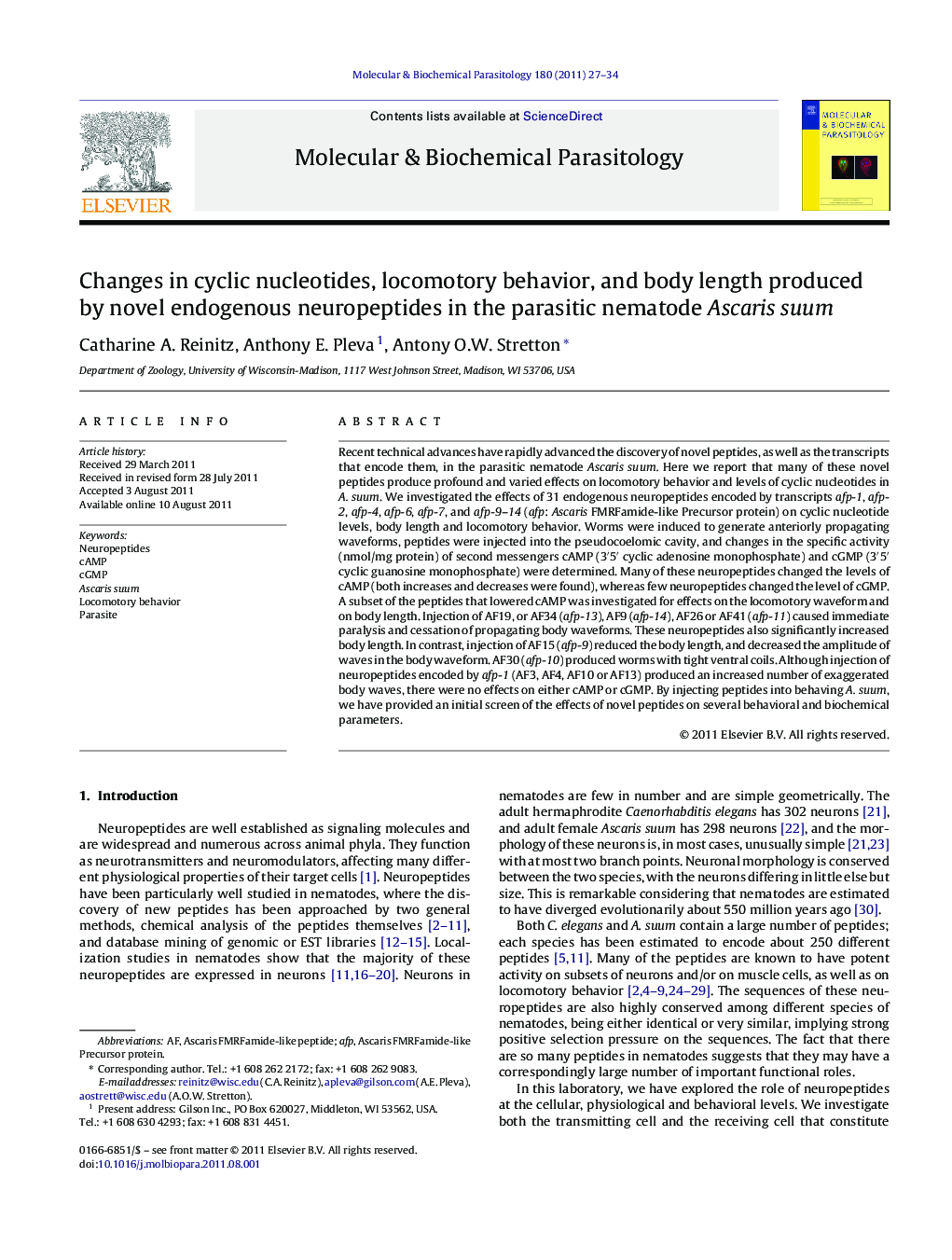 Changes in cyclic nucleotides, locomotory behavior, and body length produced by novel endogenous neuropeptides in the parasitic nematode Ascaris suum