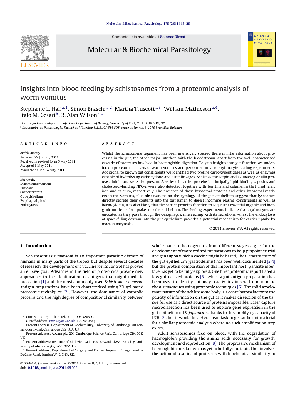 Insights into blood feeding by schistosomes from a proteomic analysis of worm vomitus