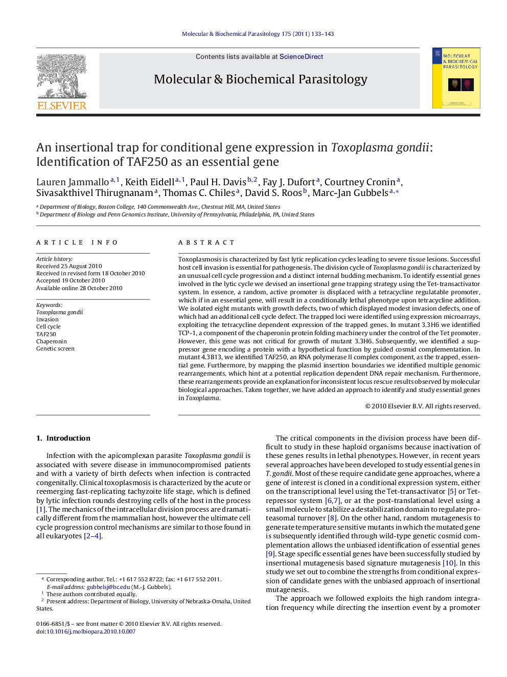 An insertional trap for conditional gene expression in Toxoplasma gondii: Identification of TAF250 as an essential gene