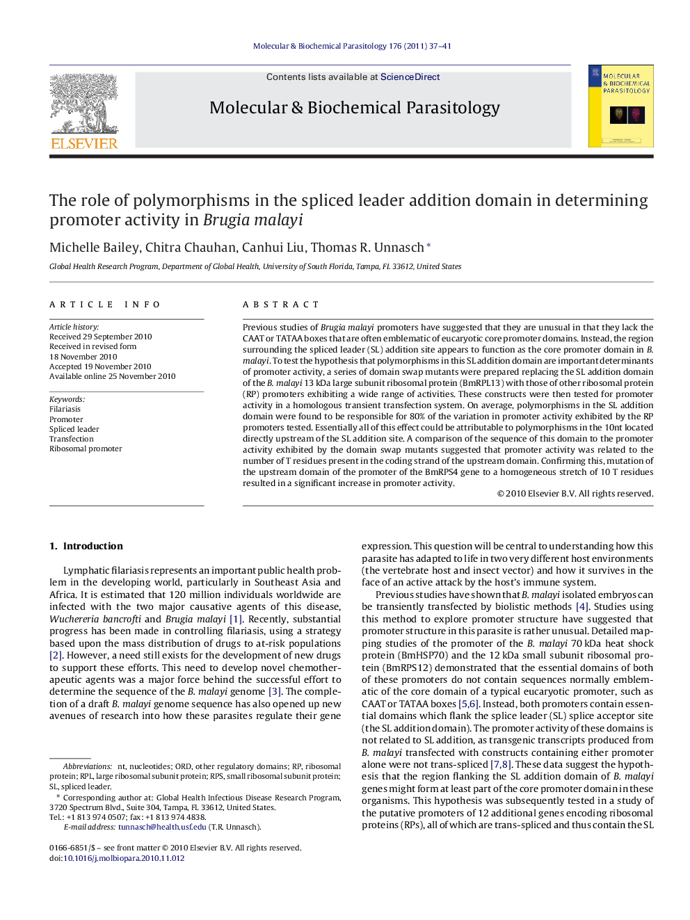 The role of polymorphisms in the spliced leader addition domain in determining promoter activity in Brugia malayi