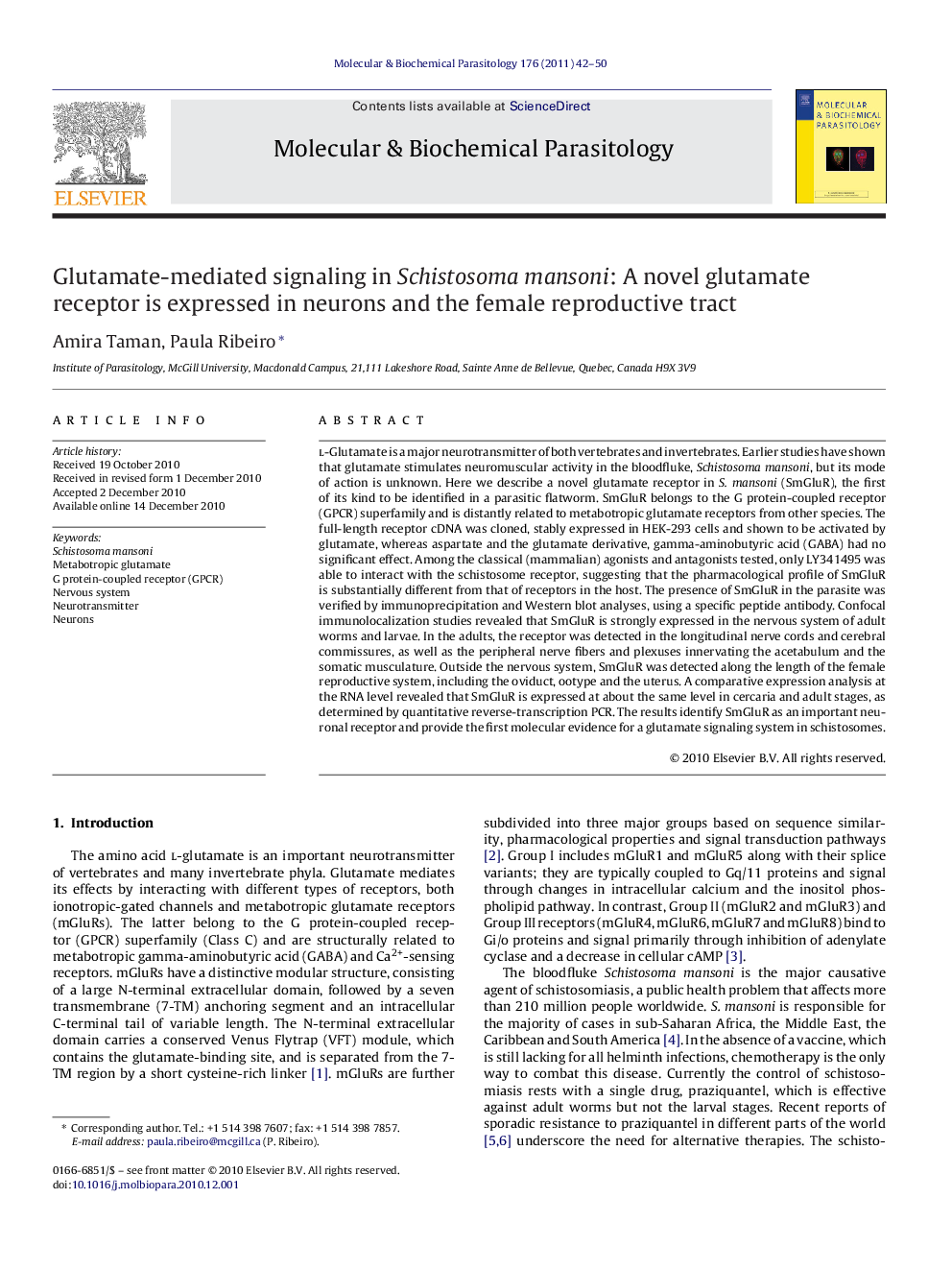 Glutamate-mediated signaling in Schistosoma mansoni: A novel glutamate receptor is expressed in neurons and the female reproductive tract