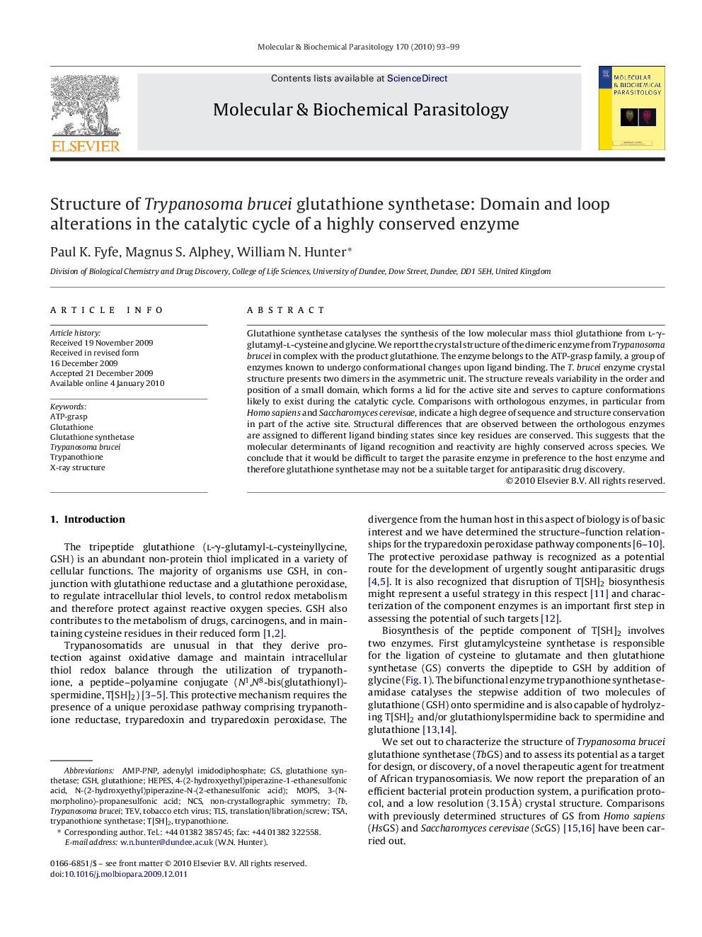 Structure of Trypanosoma brucei glutathione synthetase: Domain and loop alterations in the catalytic cycle of a highly conserved enzyme