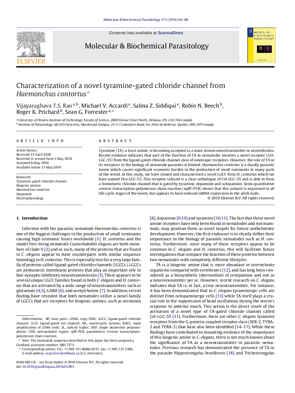 Characterization of a novel tyramine-gated chloride channel from Haemonchus contortus