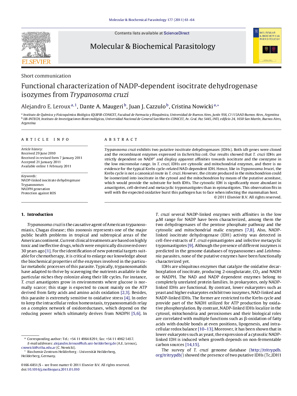 Short communicationFunctional characterization of NADP-dependent isocitrate dehydrogenase isozymes from Trypanosoma cruzi