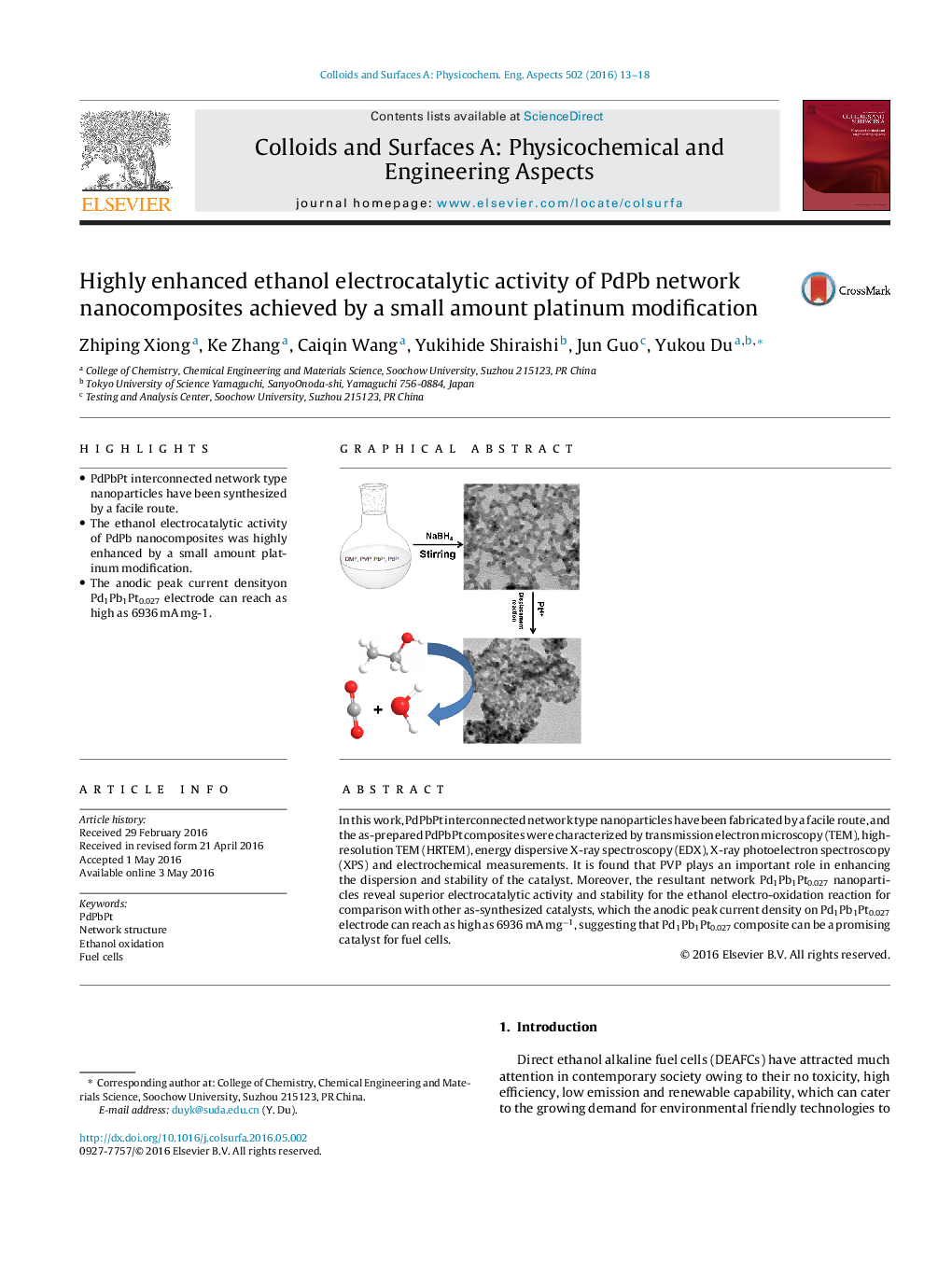 Highly enhanced ethanol electrocatalytic activity of PdPb network nanocomposites achieved by a small amount platinum modification