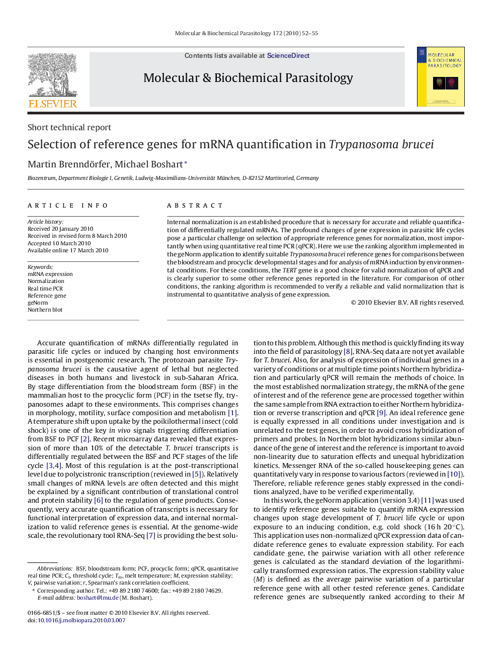 Selection of reference genes for mRNA quantification in Trypanosoma brucei