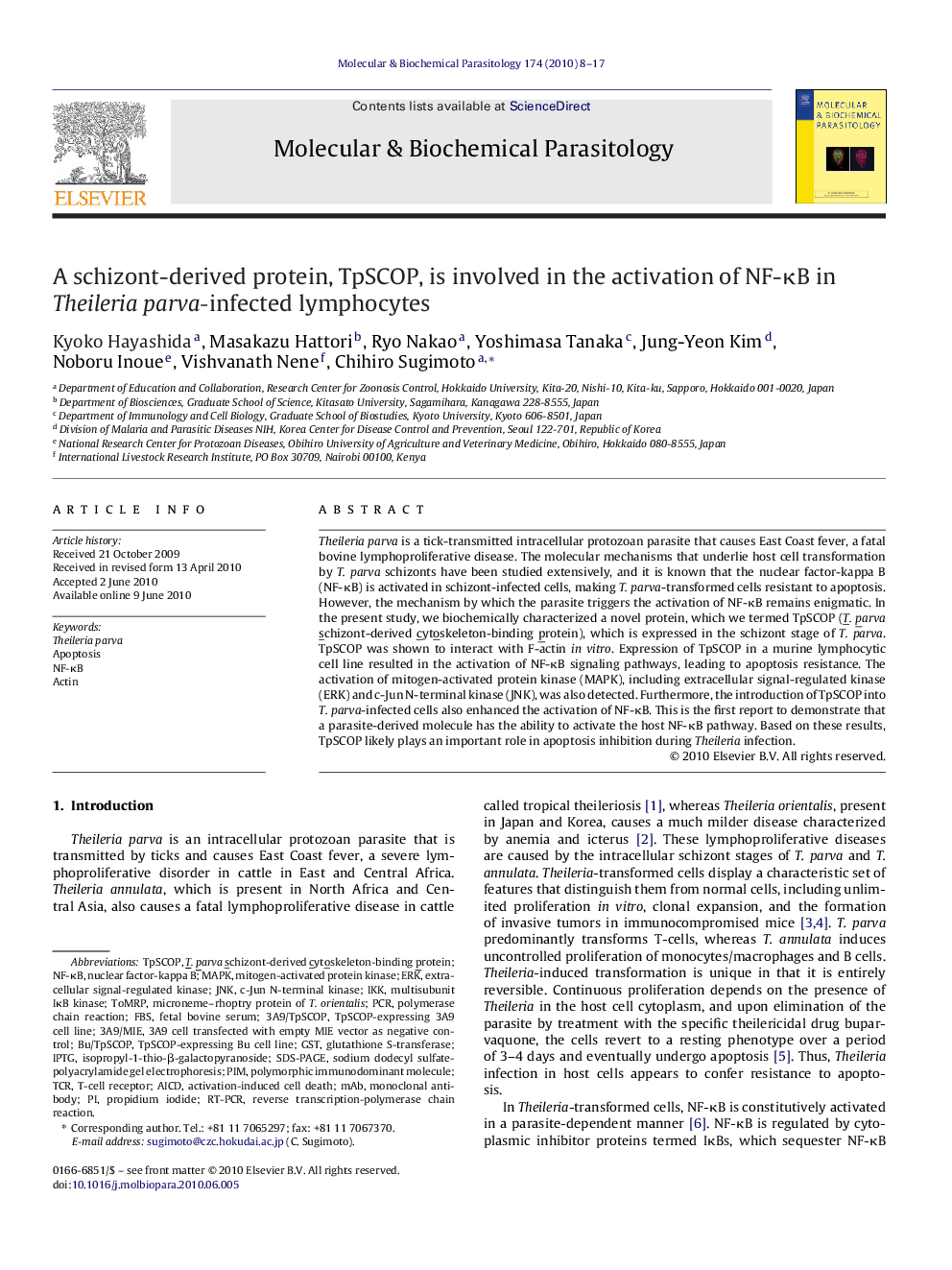 A schizont-derived protein, TpSCOP, is involved in the activation of NF-ÎºB in Theileria parva-infected lymphocytes