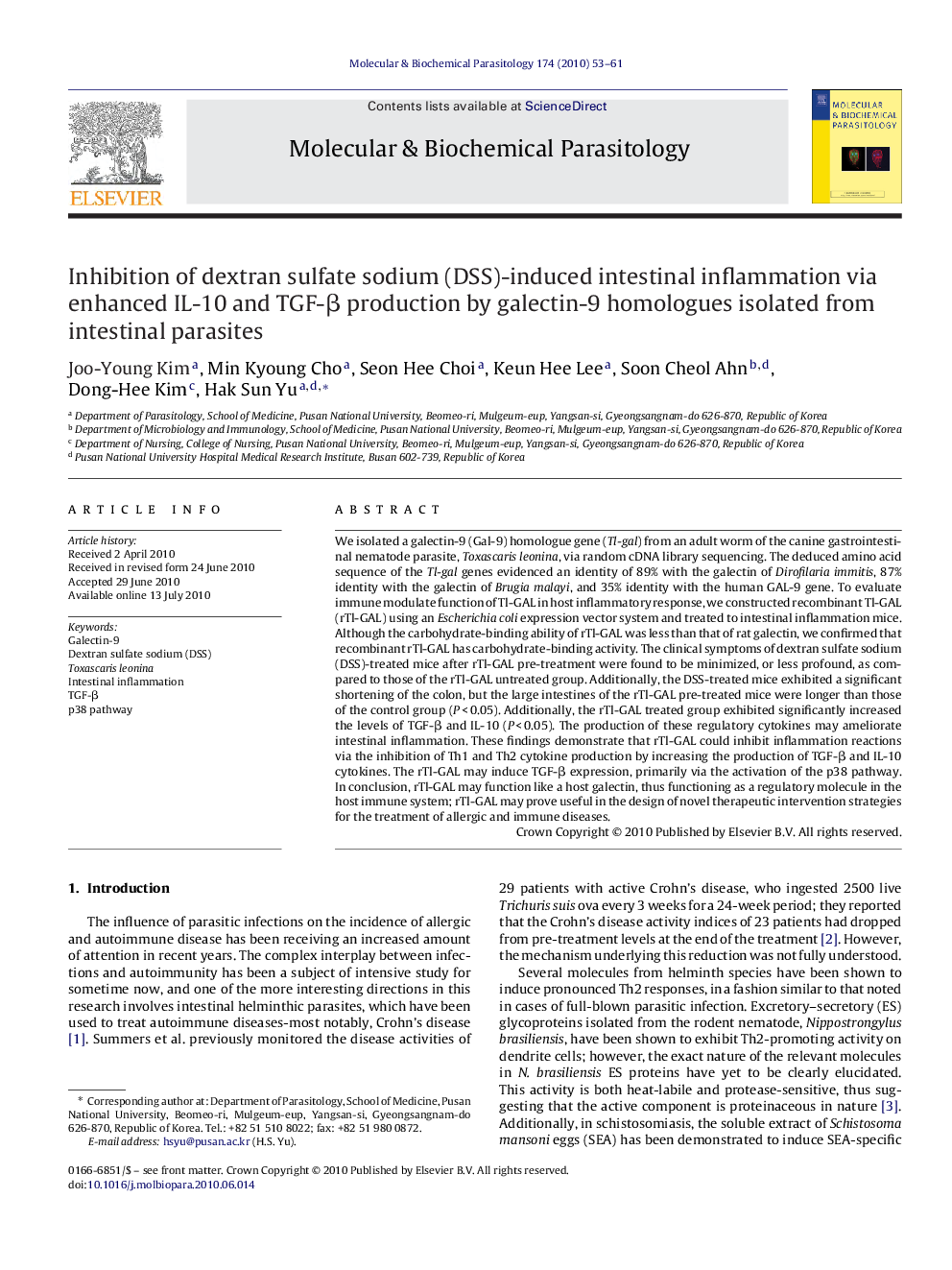 Inhibition of dextran sulfate sodium (DSS)-induced intestinal inflammation via enhanced IL-10 and TGF-Î² production by galectin-9 homologues isolated from intestinal parasites