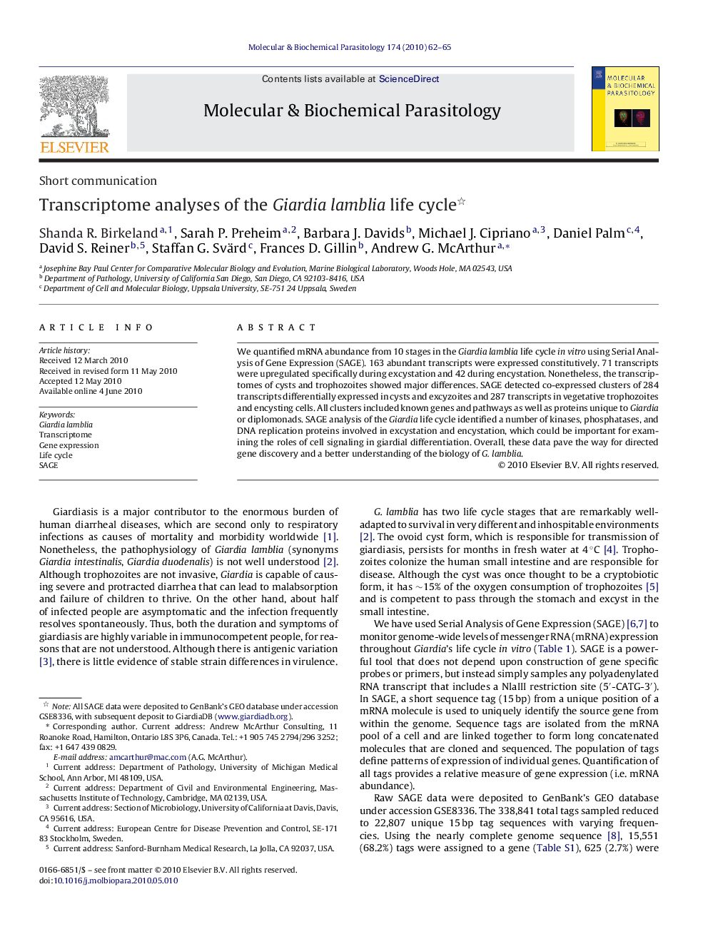 Transcriptome analyses of the Giardia lamblia life cycle