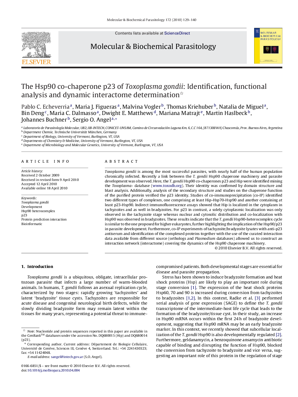 The Hsp90 co-chaperone p23 of Toxoplasma gondii: Identification, functional analysis and dynamic interactome determination