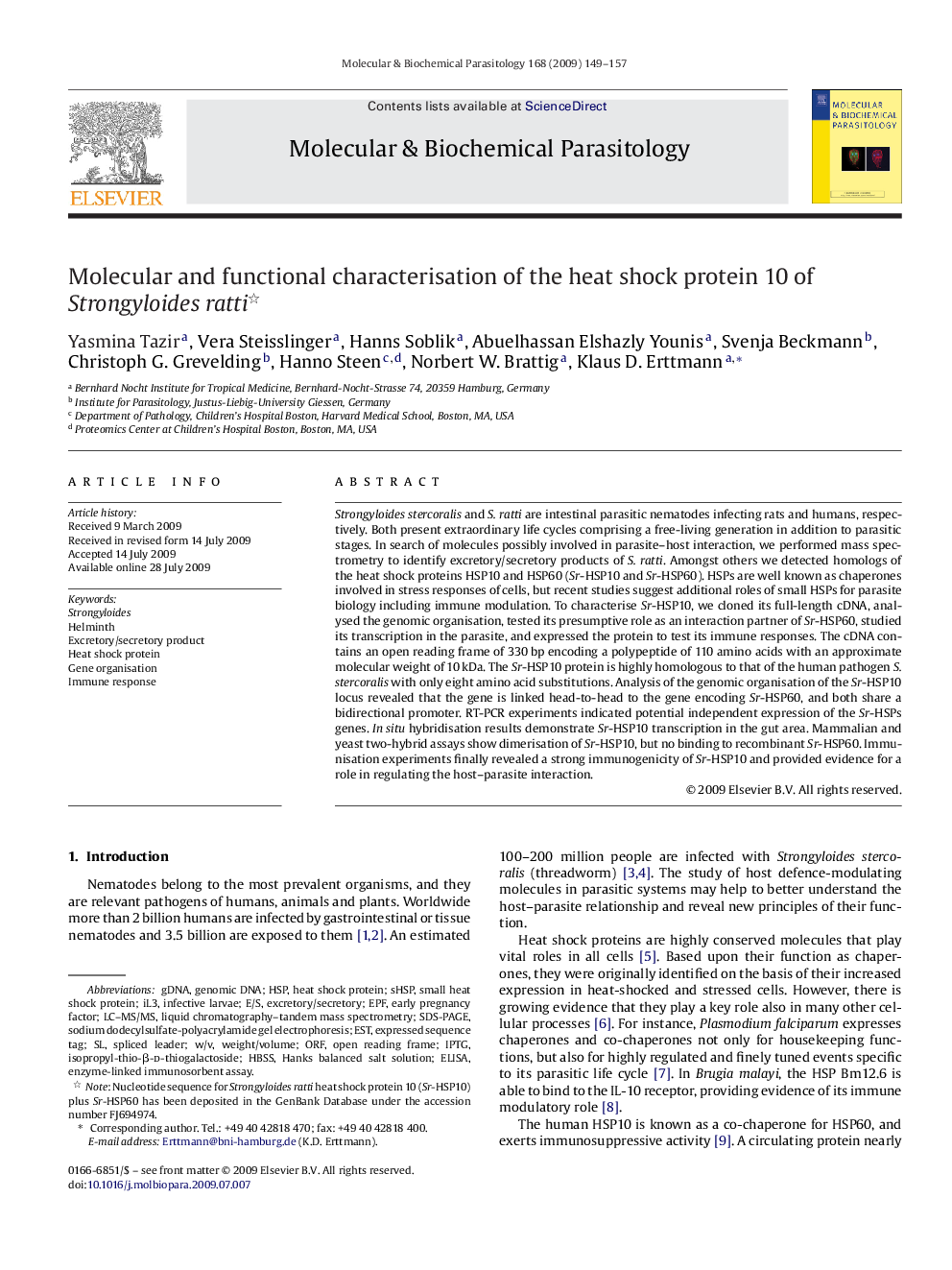 Molecular and functional characterisation of the heat shock protein 10 of Strongyloides ratti