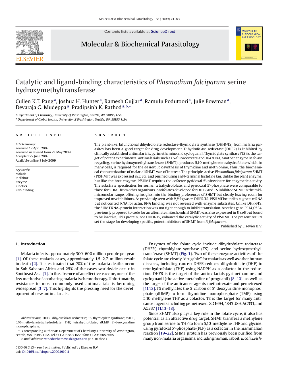 Catalytic and ligand-binding characteristics of Plasmodium falciparum serine hydroxymethyltransferase