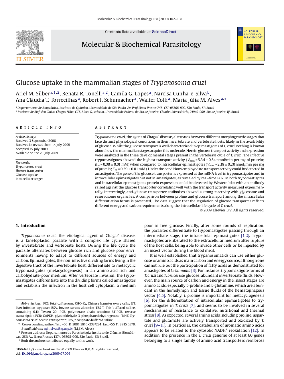 Glucose uptake in the mammalian stages of Trypanosoma cruzi