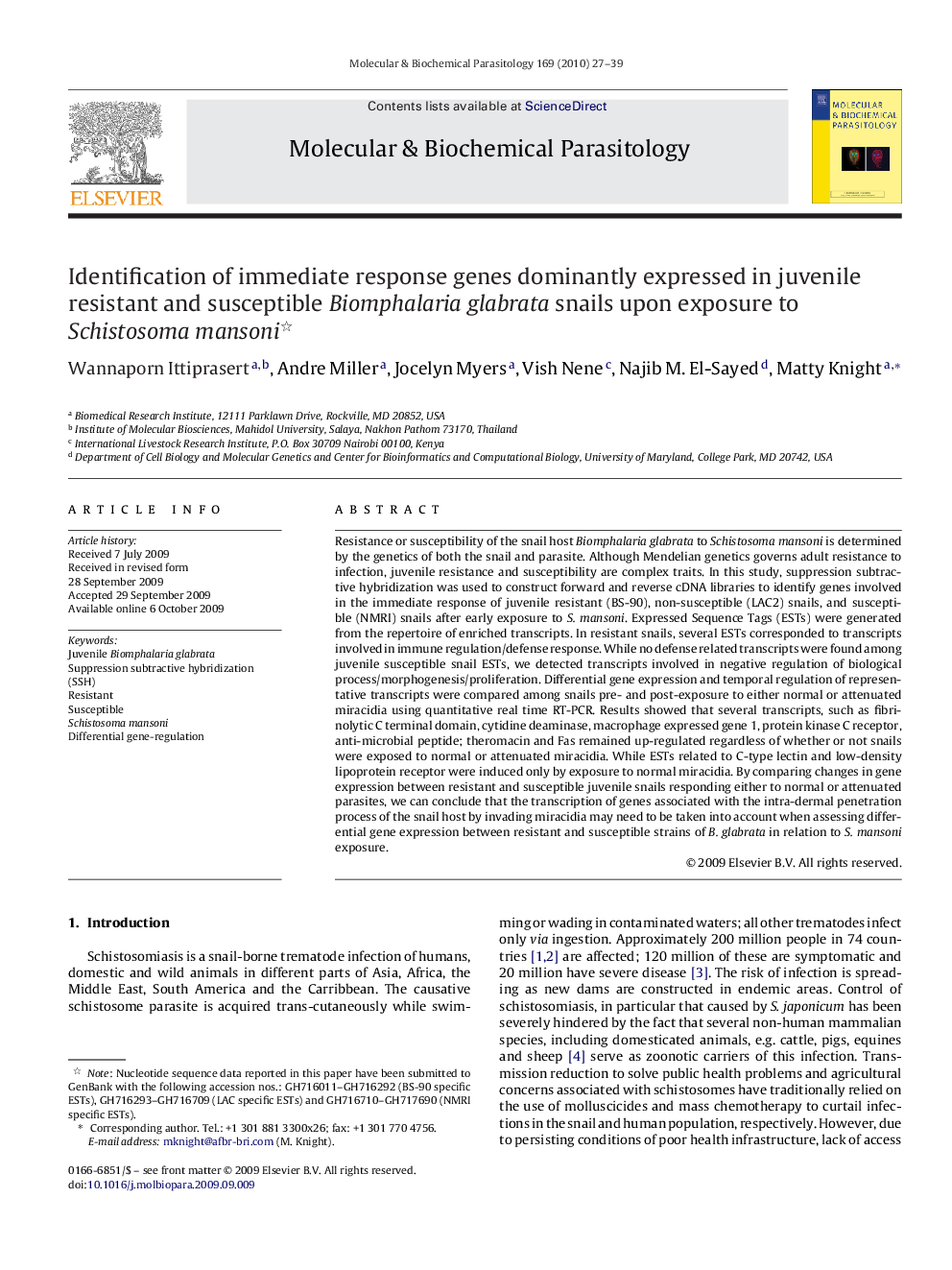 Identification of immediate response genes dominantly expressed in juvenile resistant and susceptible Biomphalaria glabrata snails upon exposure to Schistosoma mansoni