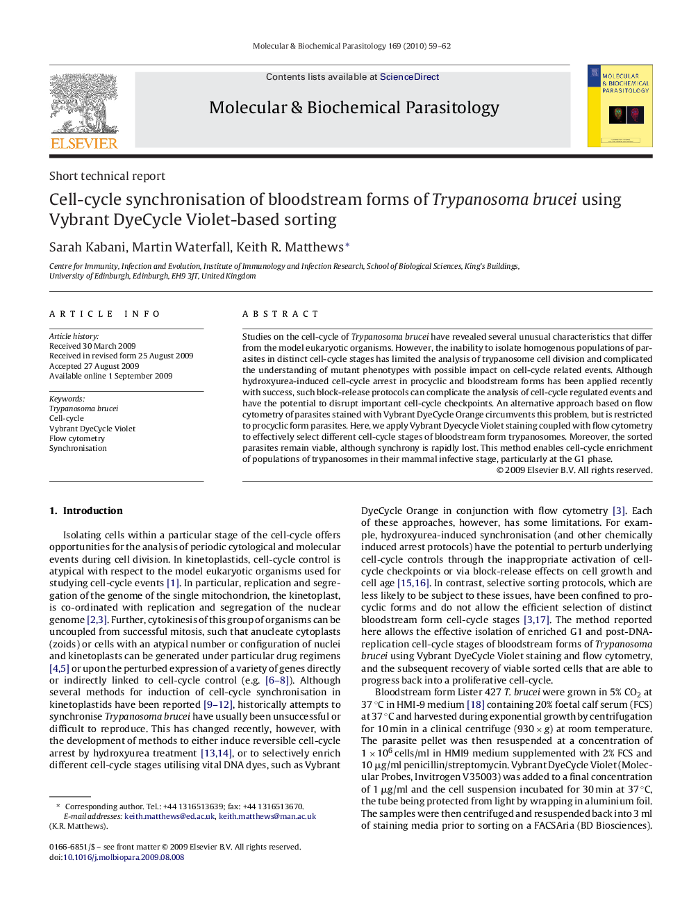 Cell-cycle synchronisation of bloodstream forms of Trypanosoma brucei using Vybrant DyeCycle Violet-based sorting