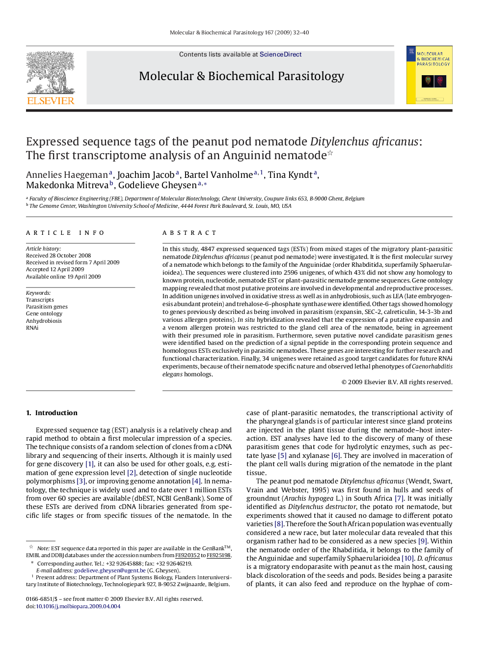 Expressed sequence tags of the peanut pod nematode Ditylenchus africanus: The first transcriptome analysis of an Anguinid nematode