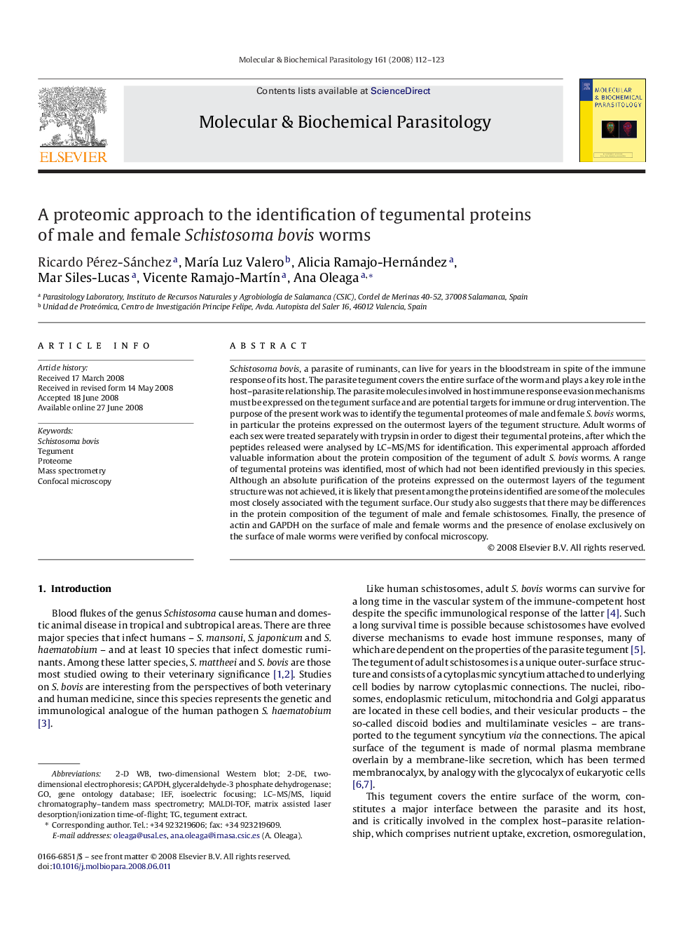 A proteomic approach to the identification of tegumental proteins of male and female Schistosoma bovis worms