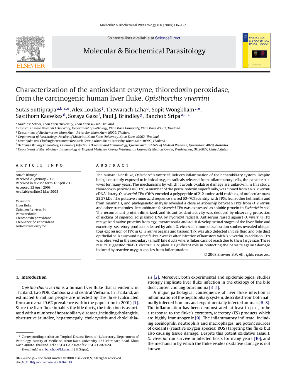 Characterization of the antioxidant enzyme, thioredoxin peroxidase, from the carcinogenic human liver fluke, Opisthorchis viverrini